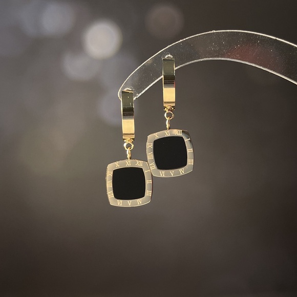 18K Gold Plated Mini Hoop Earrings*Square Drop Earrings*Roman Numero*AR - Picture 2 of 5
